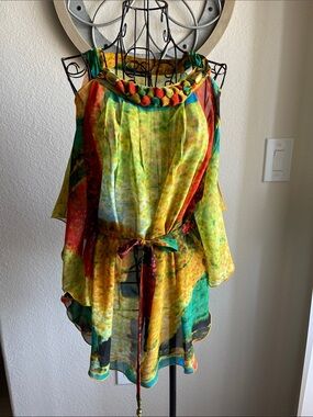 Bright Multicolor Chiffon Women's Top with Braided Neckline
